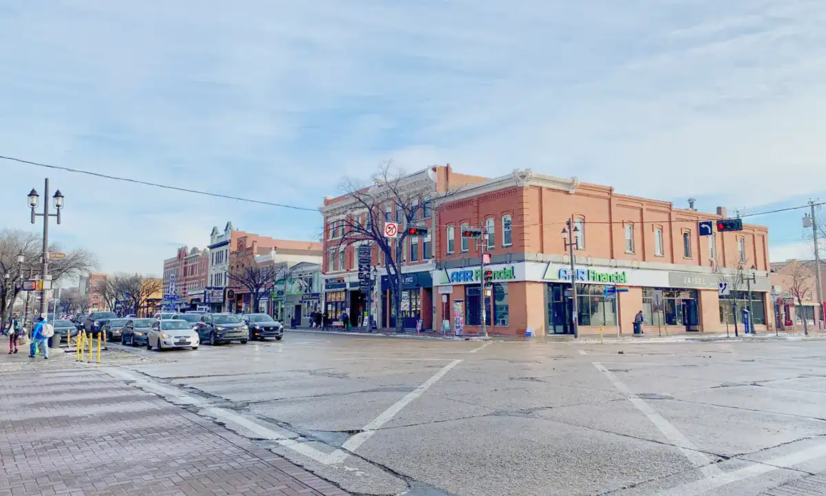 Whyte Avenue at 104 Street in Old Strathcona, Edmonton, with its historic streetscape
