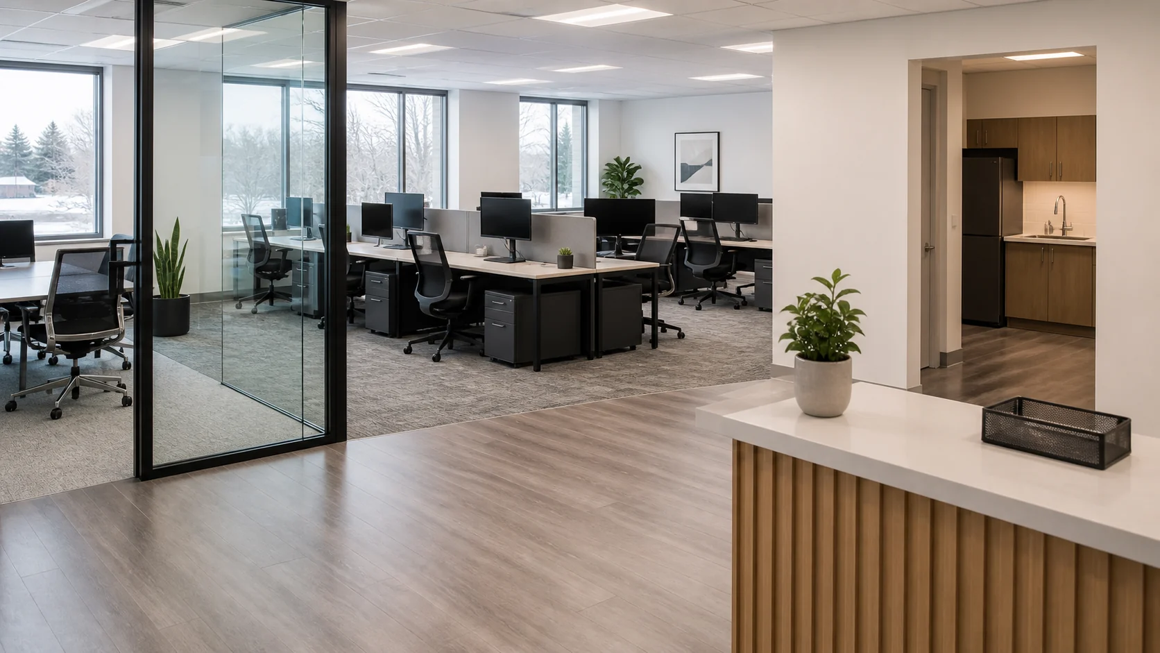 Representative Edmonton office with clean workstations, interior glass, shared floors and kitchenette surfaces included in a commercial-cleaning scope