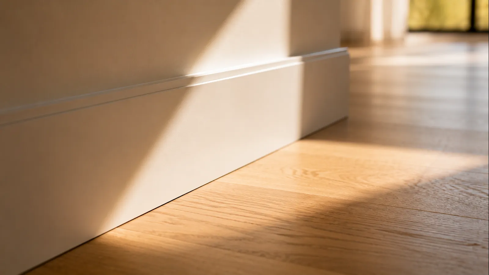 Spotless white baseboard meeting bare hardwood, no dust and no marks