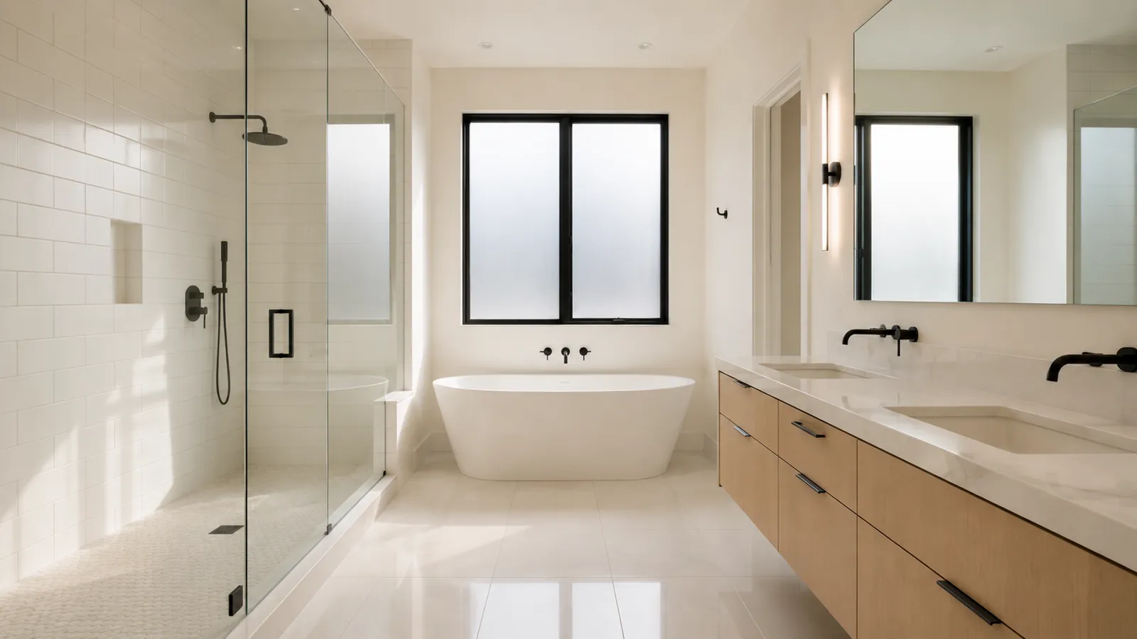 Freshly renovated bathroom — glass shower, soaker tub and stone vanity, every surface cleared of construction dust