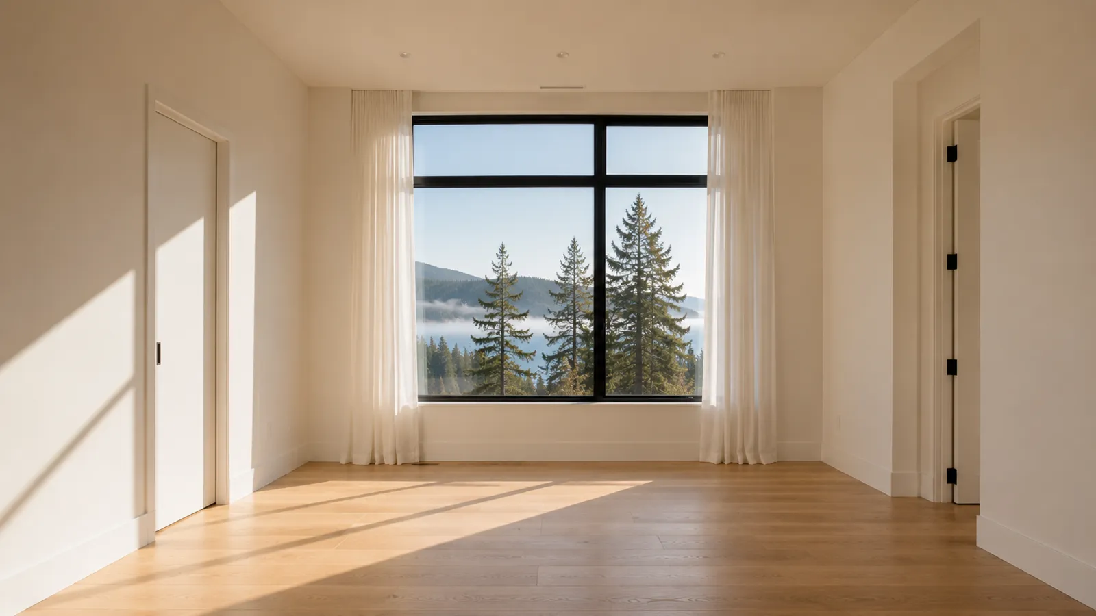 Empty sunlit bedroom with bare wood floor, cleaned and waiting for moving day