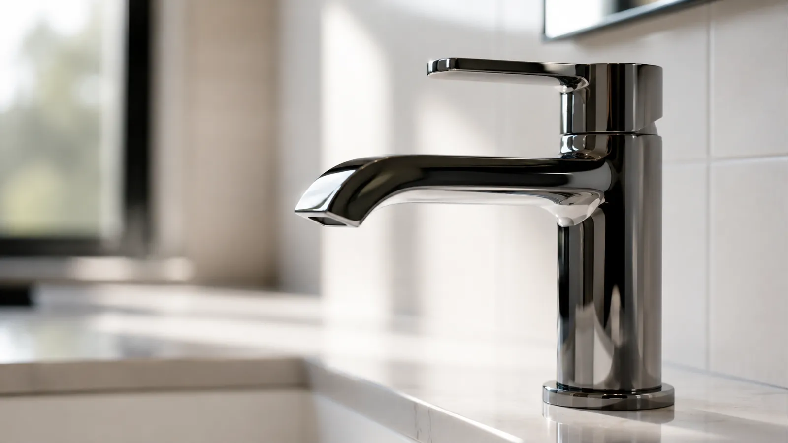 Macro close-up of a polished chrome faucet on a stone vanity — descaled, no water spots, mirror finish after renovation cleaning