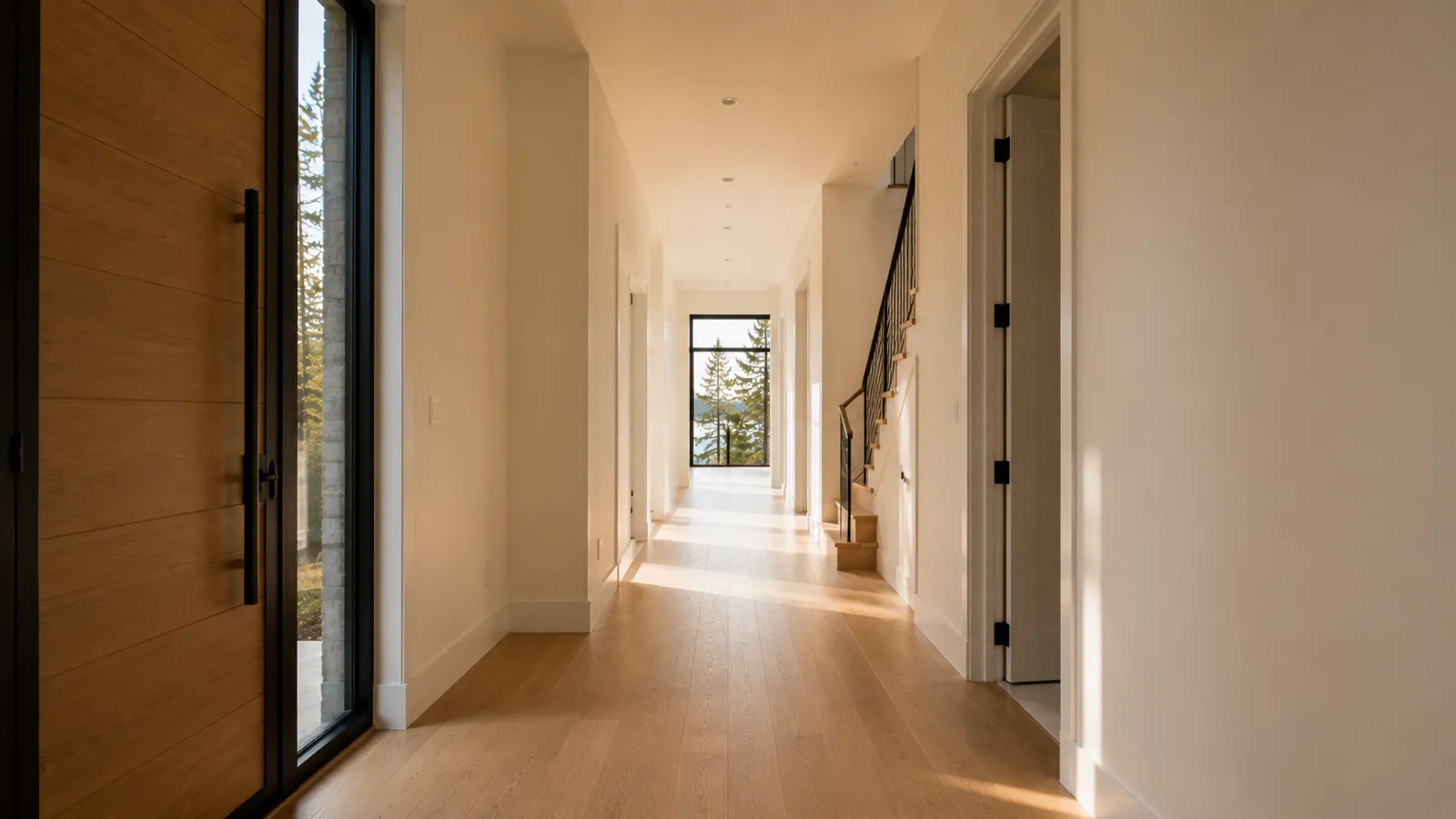 Long empty hallway in a clean home, sunlight raking down bare wood floors toward a bright window — the walkthrough view