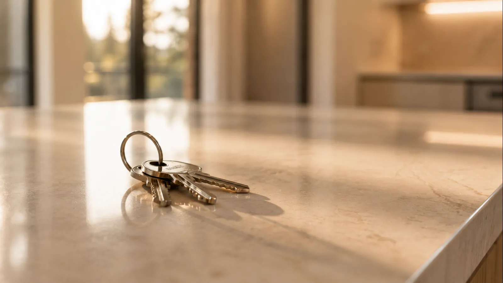 A single key on a bare countertop in an empty, freshly cleaned Edmonton apartment at handover
