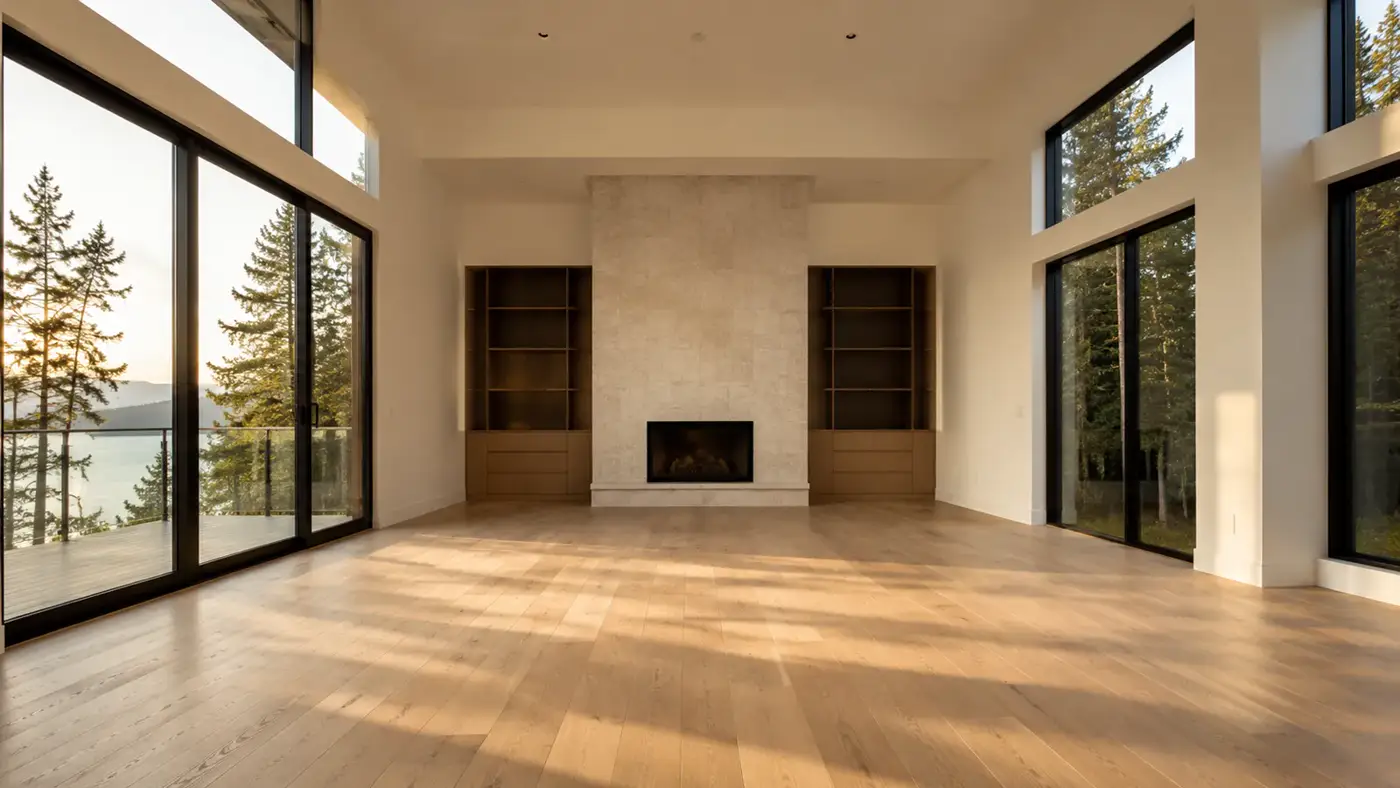 Empty great room in a new build with stone fireplace, handover-clean